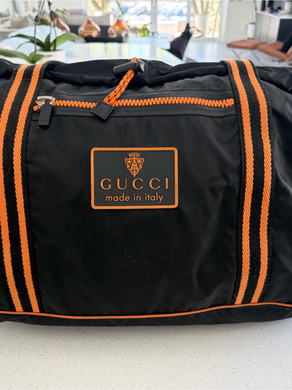 Gucci Black Canvas Duffel with Orange Trim and Striped Handles